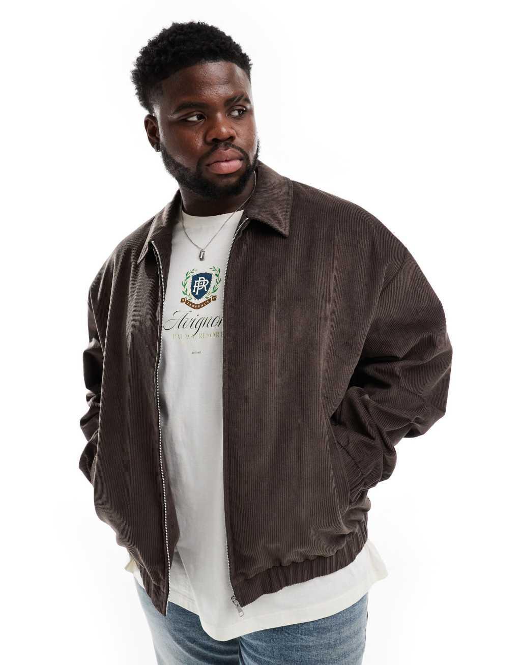 ASOS DESIGN oversized cord harrington jacket in brown Product Image