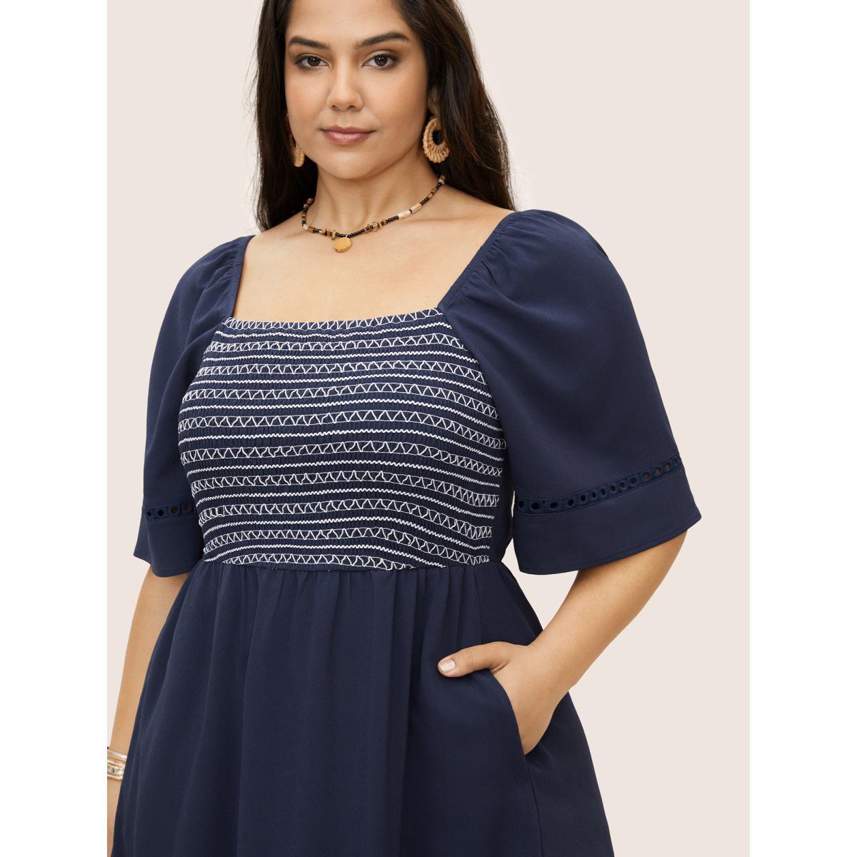 Plus Size Square Neck Woven Ribbon Gathered Shirred Dress Indigo Women Resort Woven ribbon&lace trim Square Neck Half Sleeve Curvy Midi Dress BloomChic 30/6X Product Image