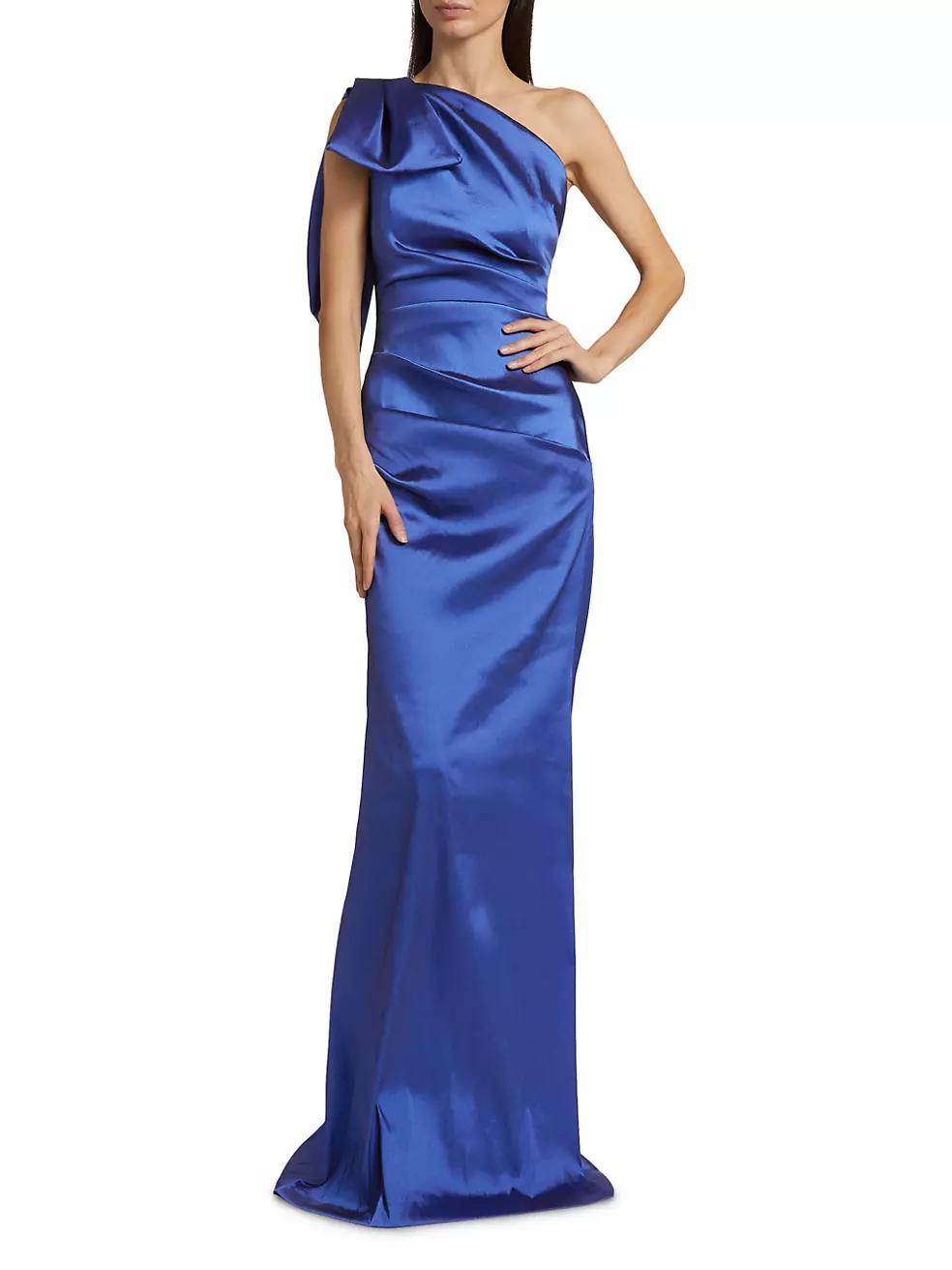 Womens Bow Stretch Gazar One-Shoulder Gown Product Image