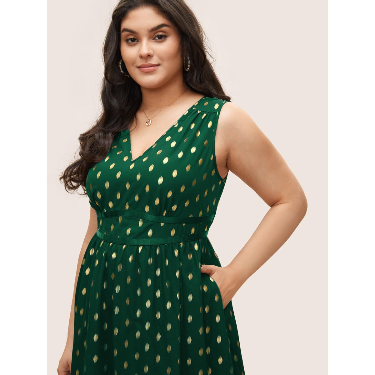 Plus Size Glitter Polka Dot Pocket Patchwork Tank Dress Emerald Women Cocktail Non V-neck Sleeveless Curvy Midi Dress BloomChic 12/L Product Image