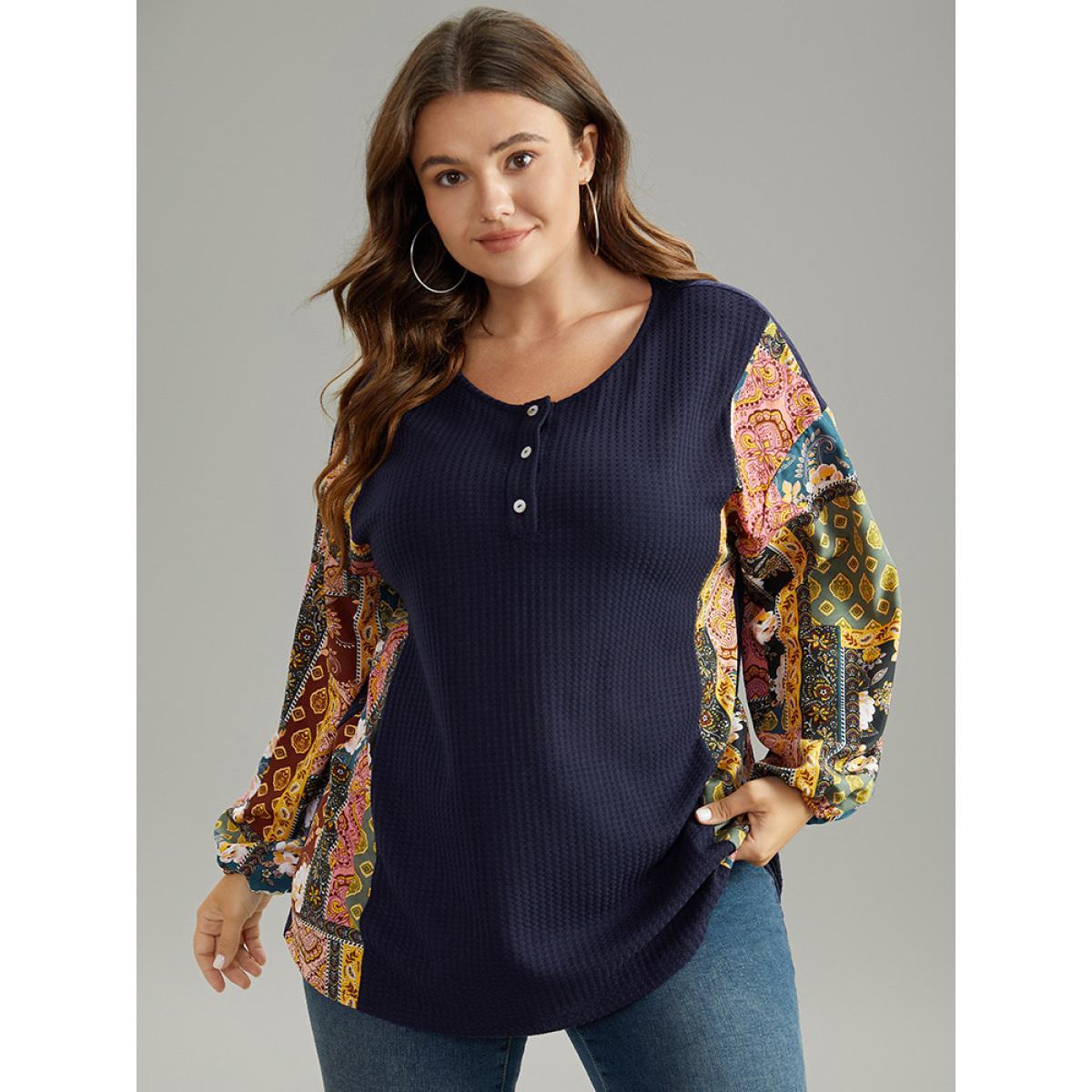Plus Size Boho Print Button Up Patchwork Lantern Sleeve Sweatshirt DarkBlue Women Casual Elastic cuffs Bohemian Print Open Front Dailywear T-shirts BloomChic 30/6X Product Image
