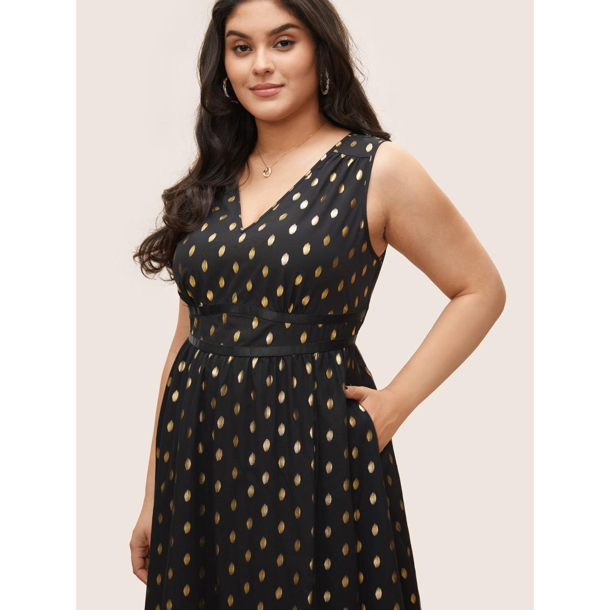 Plus Size Glitter Polka Dot Pocket Patchwork Tank Dress Black Women Cocktail Non V-neck Sleeveless Curvy Midi Dress BloomChic 22-24/3X Product Image