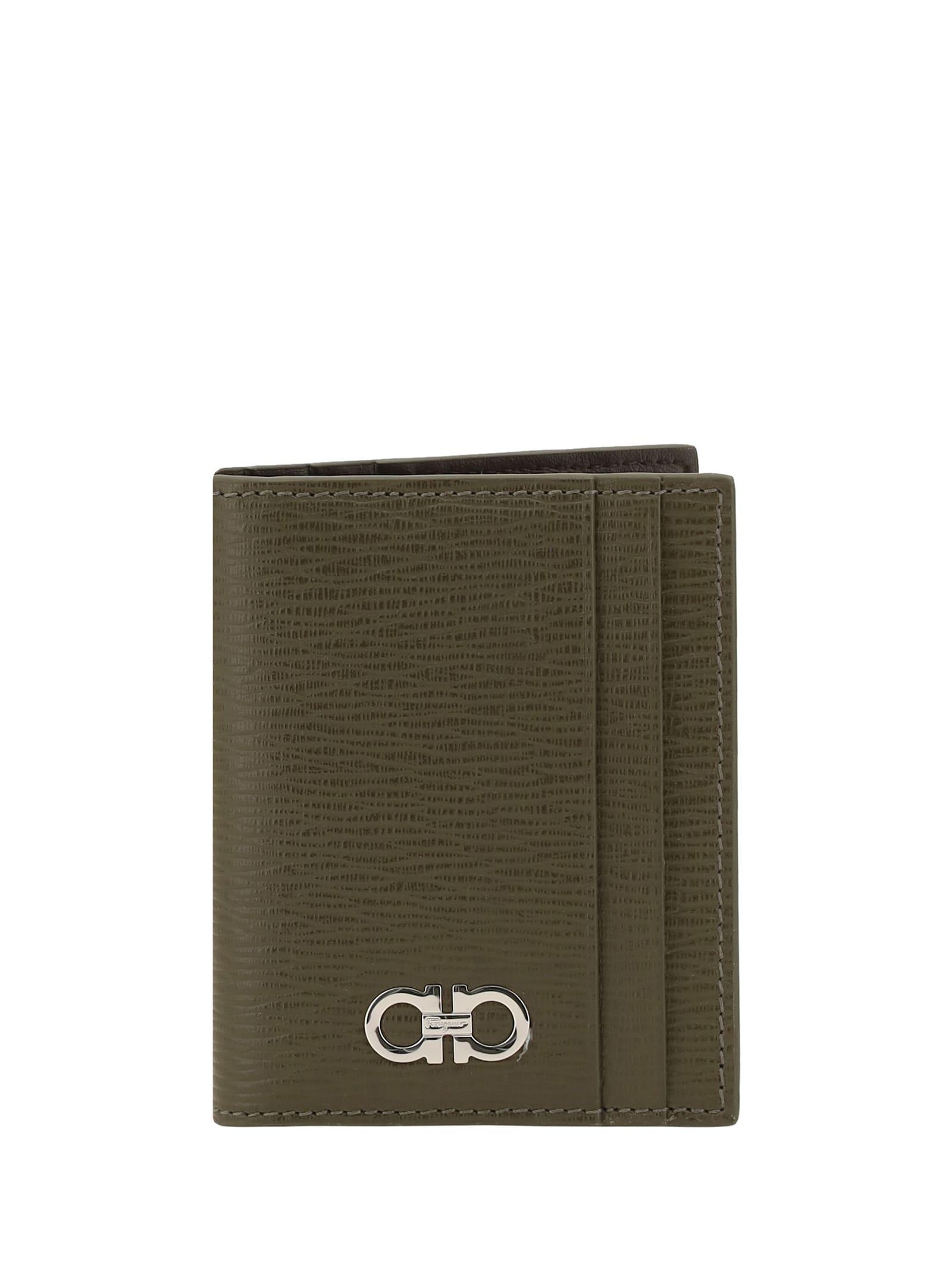 FERRAGAMO Gancini Leather Card Holder In Green Product Image