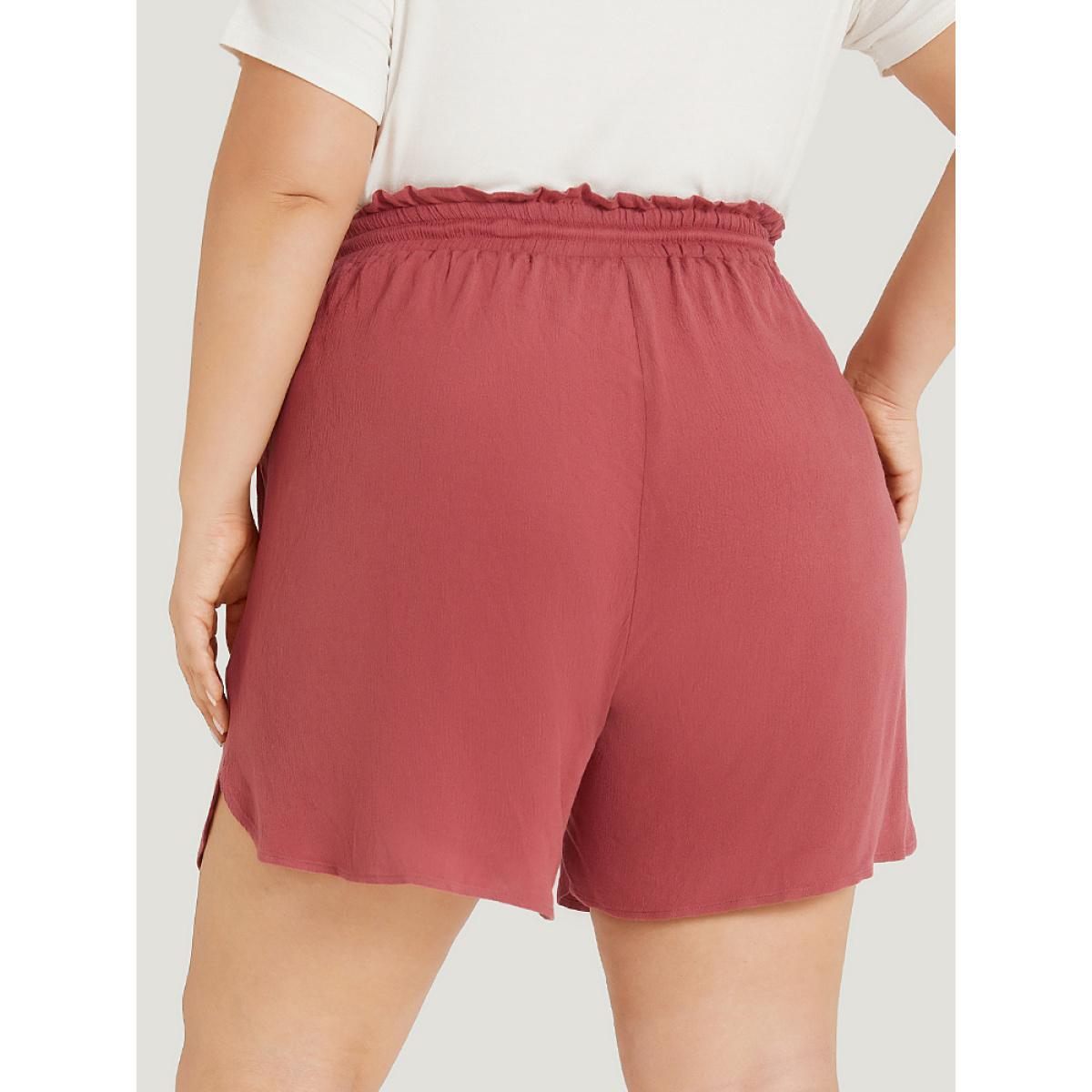 Plus Size Plain Textured Pocket Paperbag Waist Drawstring Split Side Shorts Women Russet Elegant Plain Dailywear Shorts BloomChic 12/L Product Image