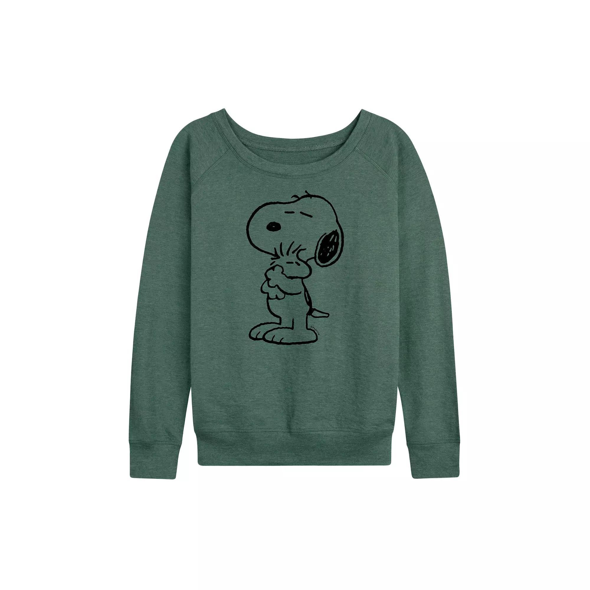 Plus Size Peanuts Snoopy Loves Woodstock French Terry Long Sleeve Tee, Womens Grey Green Product Image