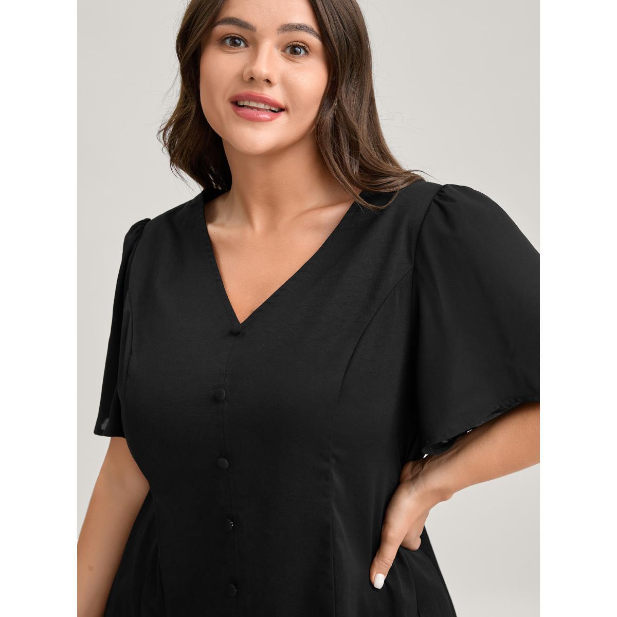 Plus Size Black Cinched Flared Waist Button Detail Blouse Women Short sleeve V-neck Everyday-Casual Blouses BloomChic 12/L Product Image