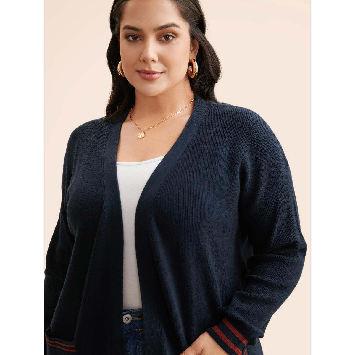 Plus Size Supersoft Essentials Contrast Striped Kimono Collar Cardigan Midnight Women Casual Loose Long Sleeve Everyday Cardigans BloomChic 30/6X Product Image