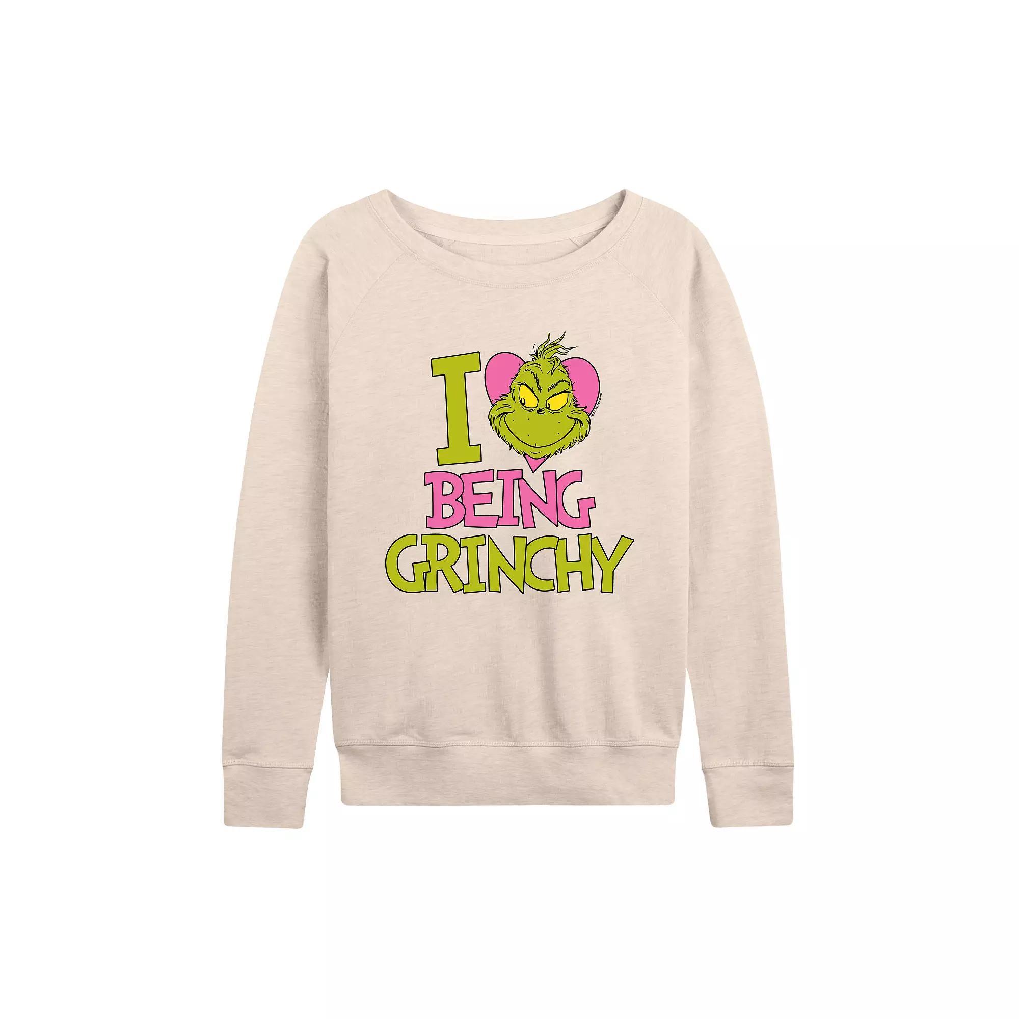 Women's Dr. Seuss I Love Being Grinchy French Terry Long Sleeve Tee, Size: XXL, Beige Product Image