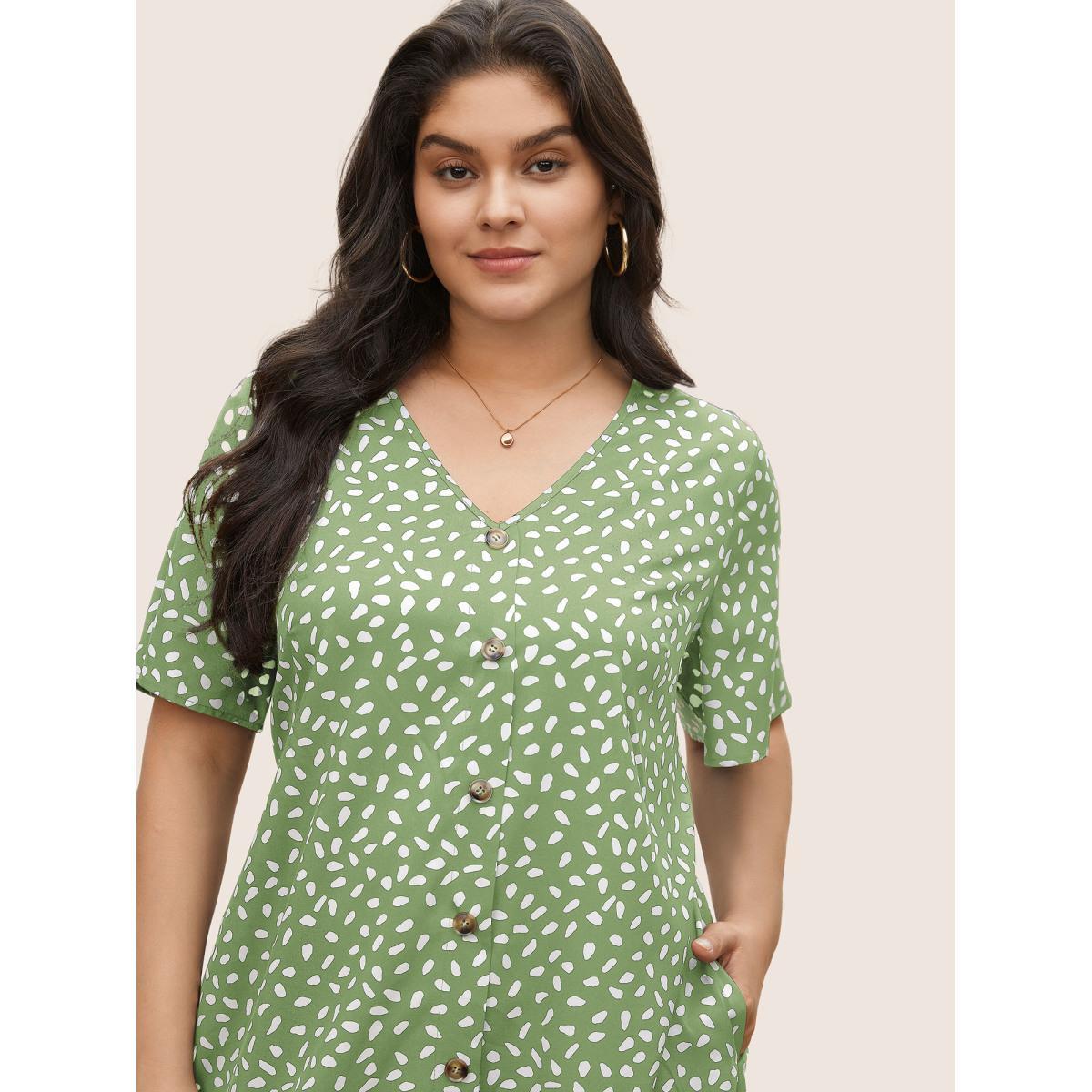 Plus Size Polka Dot Button Detail Flutter Layered Hem Dress Mint Women Casual Non V-neck Short sleeve Curvy Midi Dress BloomChic 22-24/3X Product Image