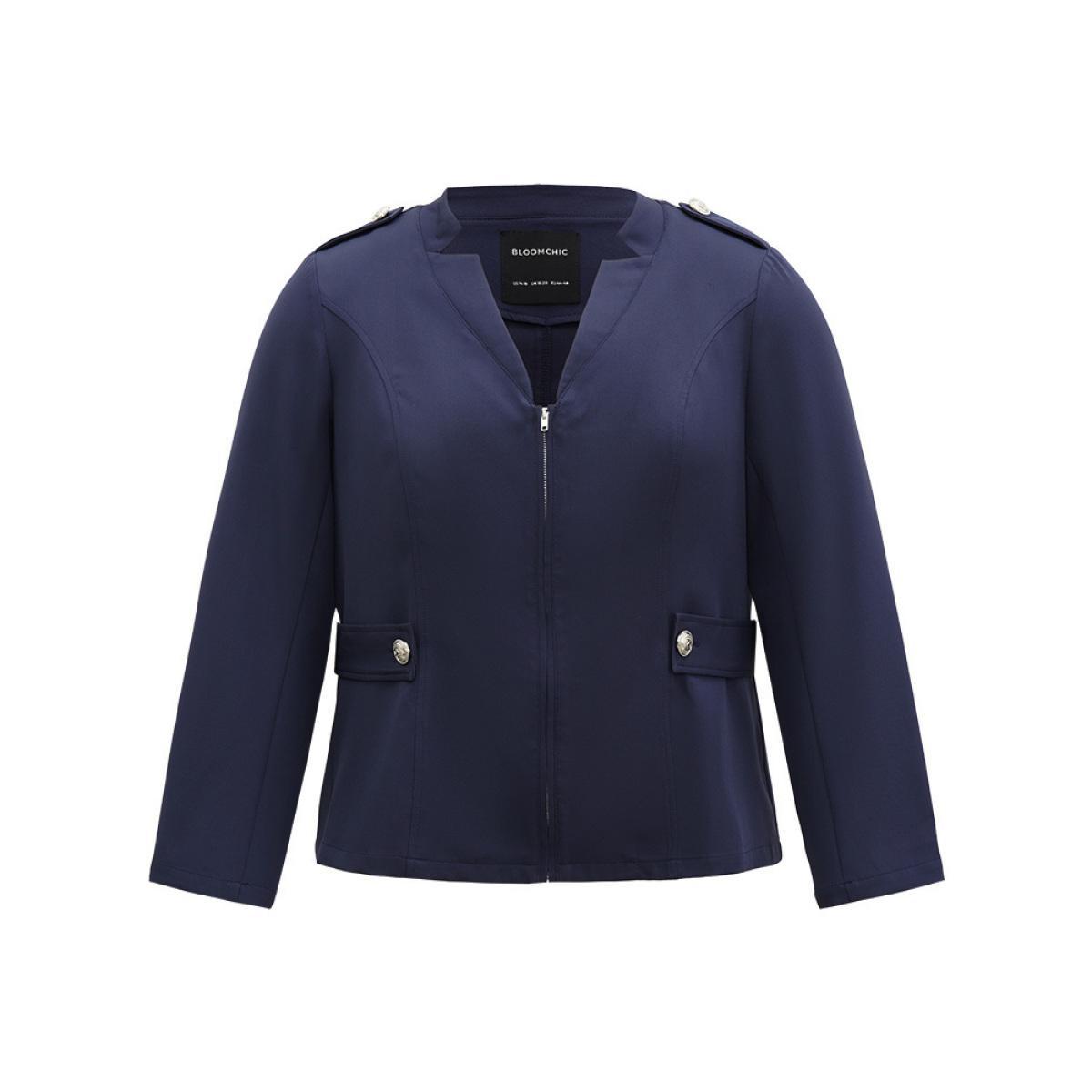 Plus Size Plain Button Detail Notched Zipper Blazer Indigo Women Work Plain Plain Sleeve Long Sleeve Notched collar 14-16/1X At the Office Blazers BloomChic Product Image