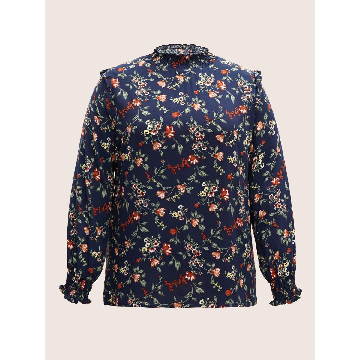 Plus Size DarkBlue Floral Lantern Sleeve Shirred Mock Neck Blouse Women Elegant Long Sleeve Mock Neck Everyday Blouses BloomChic 30/6X Product Image