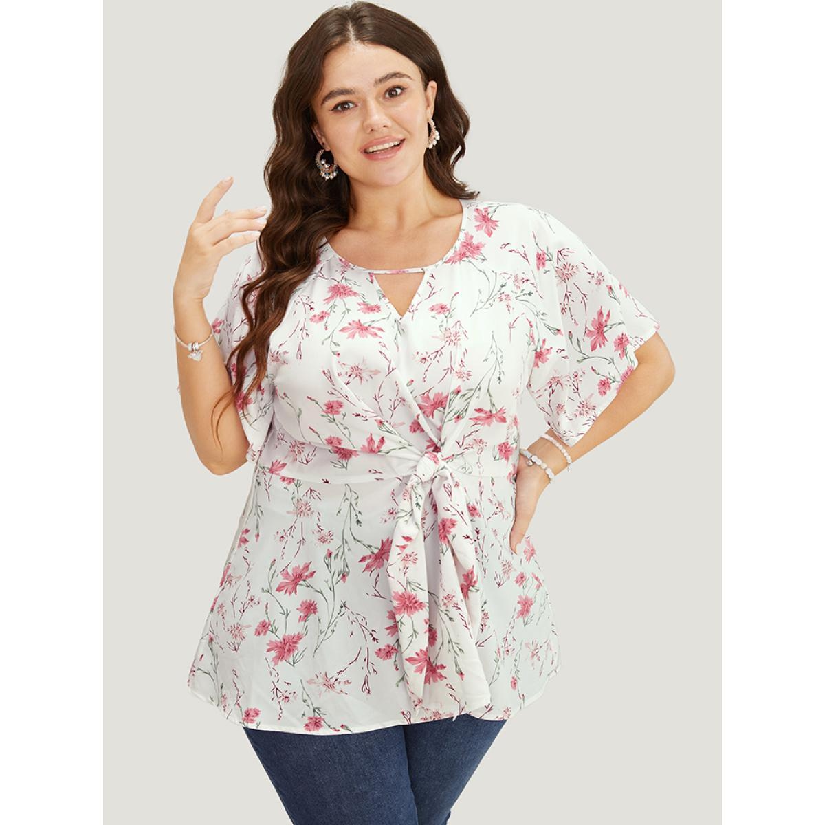 Plus Size Ivory Floral Ruffle Knyhole Raglan Sleeve Knotted Front Blouse Women Elegant Short sleeve Round Neck Dailywear Blouses BloomChic 18-20/2X Product Image