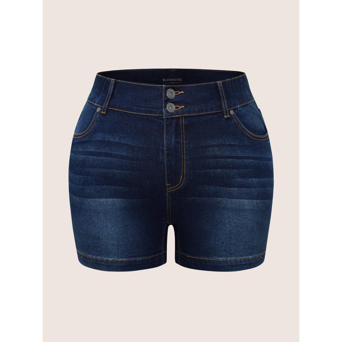 Plus Size Dark Wash Elastic Waist Skinny Denim Shorts Women Indigo Non High stretch Everyday Slanted pocket Casual Denim Shorts BloomChic 20/2X Product Image