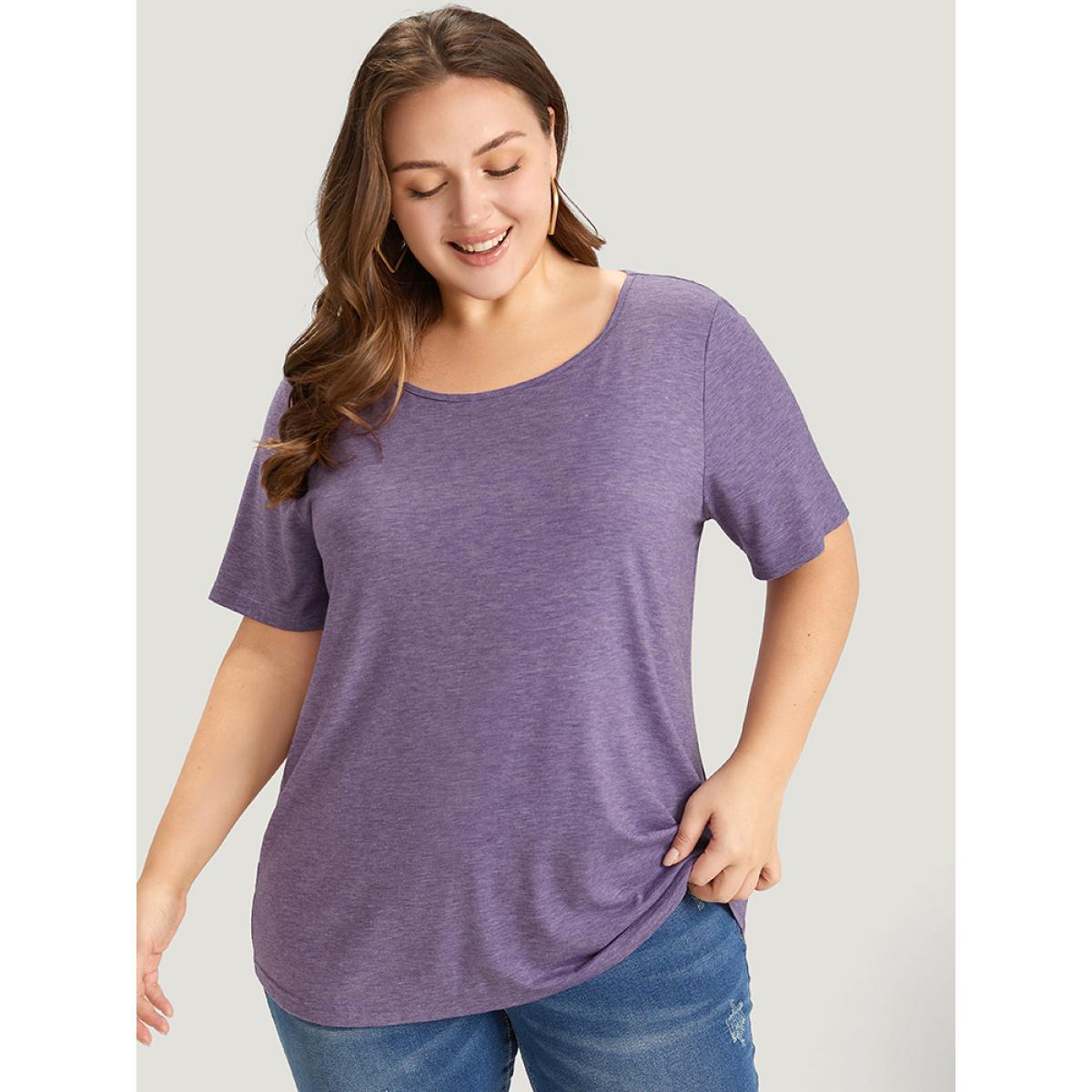 Plus Size Plain Contrast Lace Heather T-shirt Mauve Women Elegant Heather Plain Round Neck Dailywear T-shirts BloomChic 18-20/2X Product Image