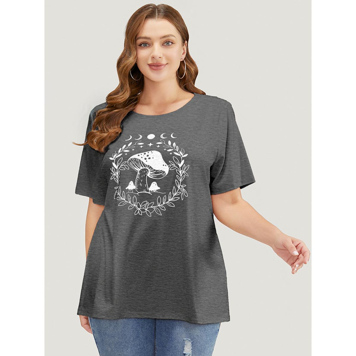 Plus Size Mushroom & Moon Print Short Sleeve Crew Neck T-shirt DimGray Women Casual Natural Flowers Dailywear T-shirts BloomChic 26/4X Product Image