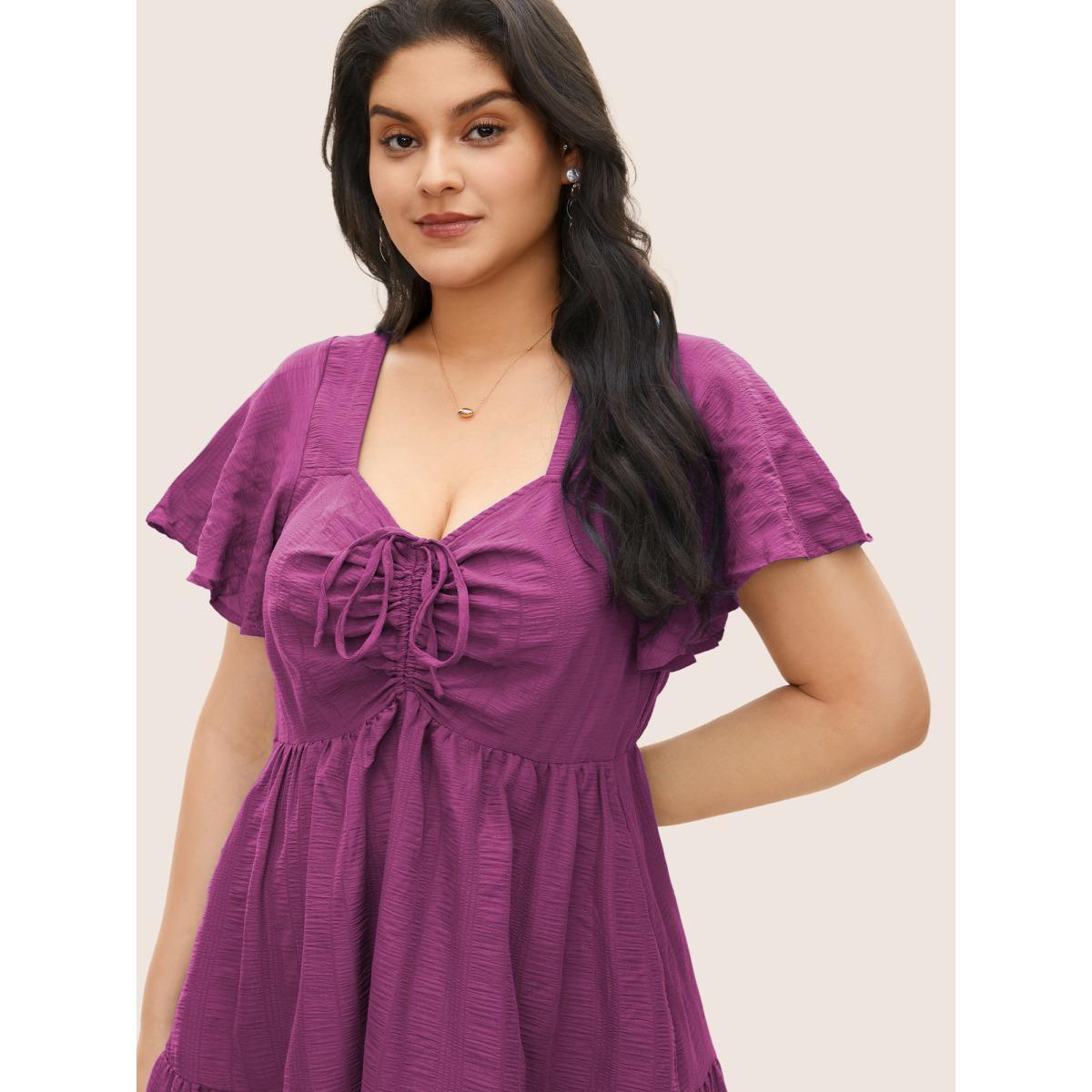 Plus Size Plain Ruched Drawstring Pocket Ruffle Tiered Dress RedViolet Women Elegant Non V-neck Short sleeve Curvy Midi Dress BloomChic 30/6X Product Image