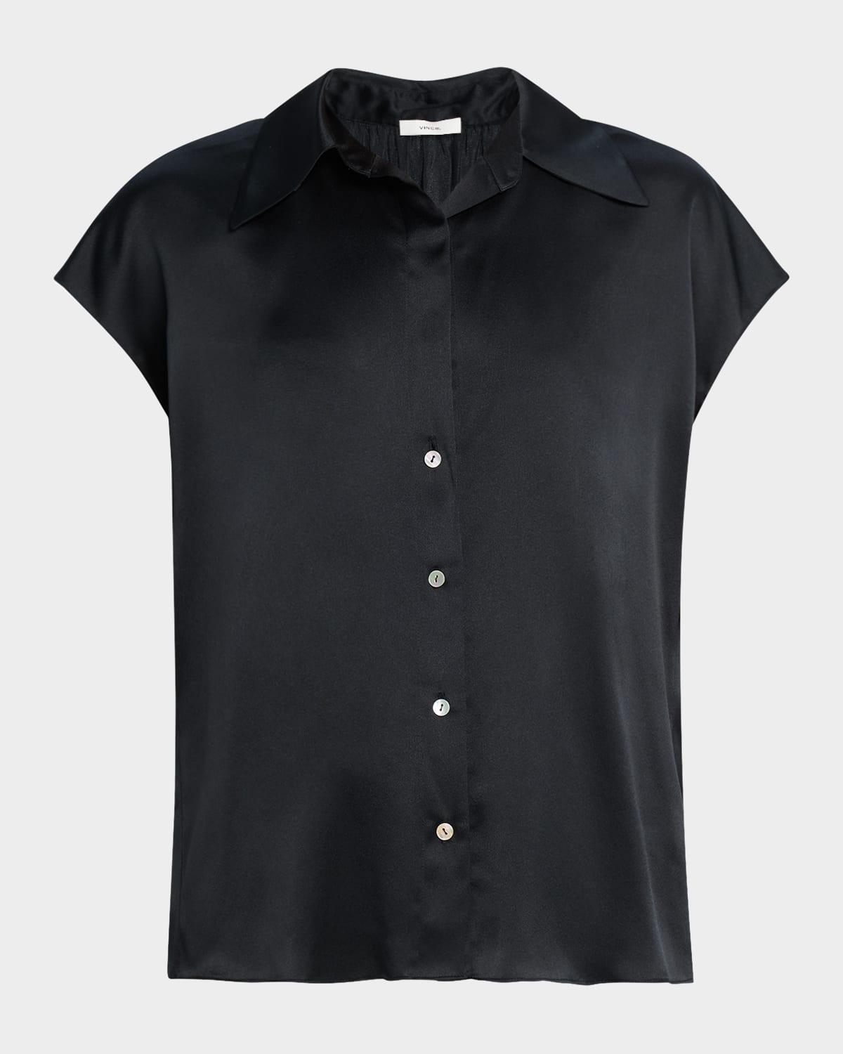 Cap-Sleeve Ruched-Back Silk Blouse Product Image