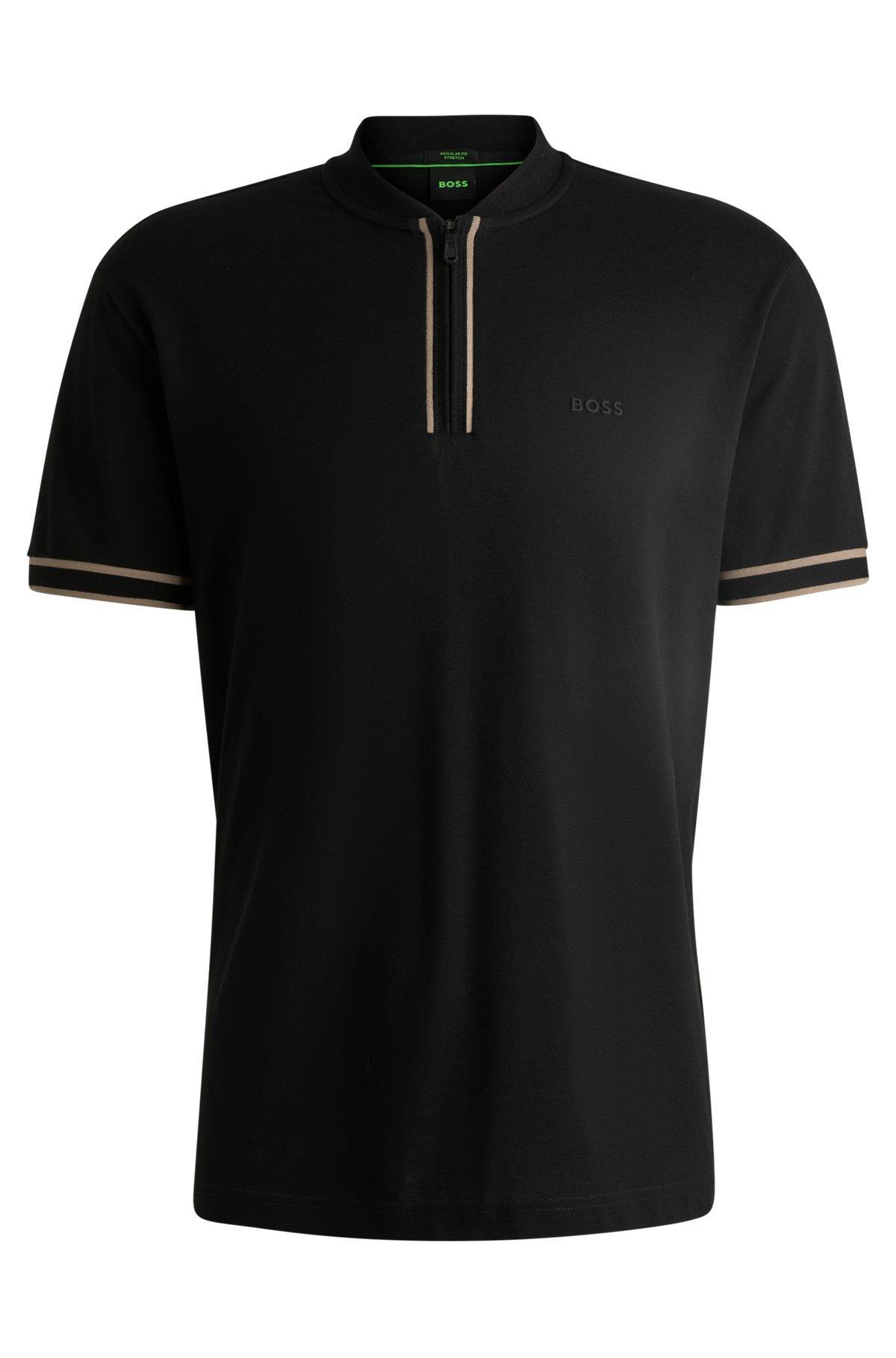 BOSS - Zip-neck polo shirt in stretch-cotton piqué - Black Product Image