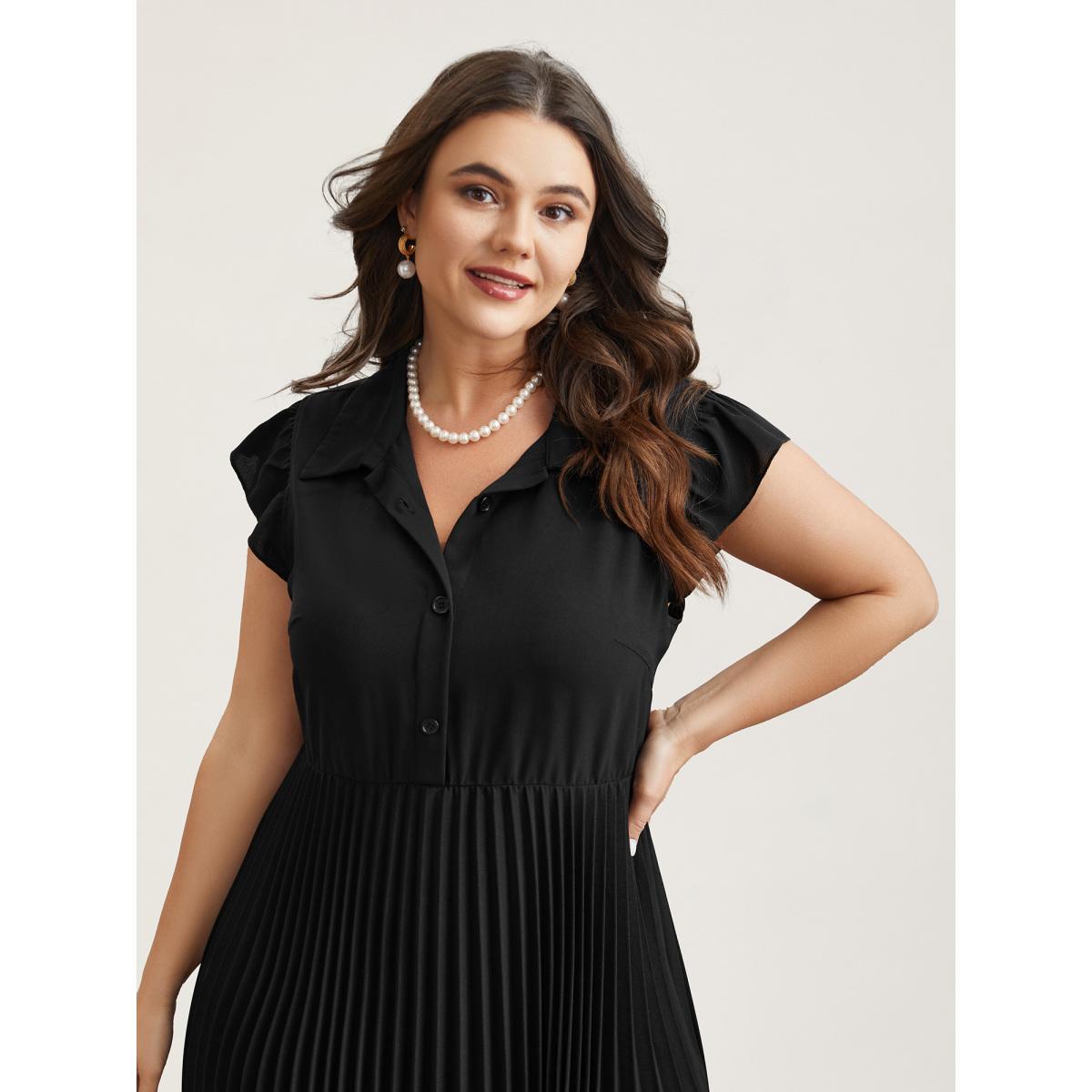Plus Size Pleated Shirt Collar Solid Midi Dress Black Women At the Office Pleated Shirt collar Cap Sleeve Curvy BloomChic 14-16/1X Product Image