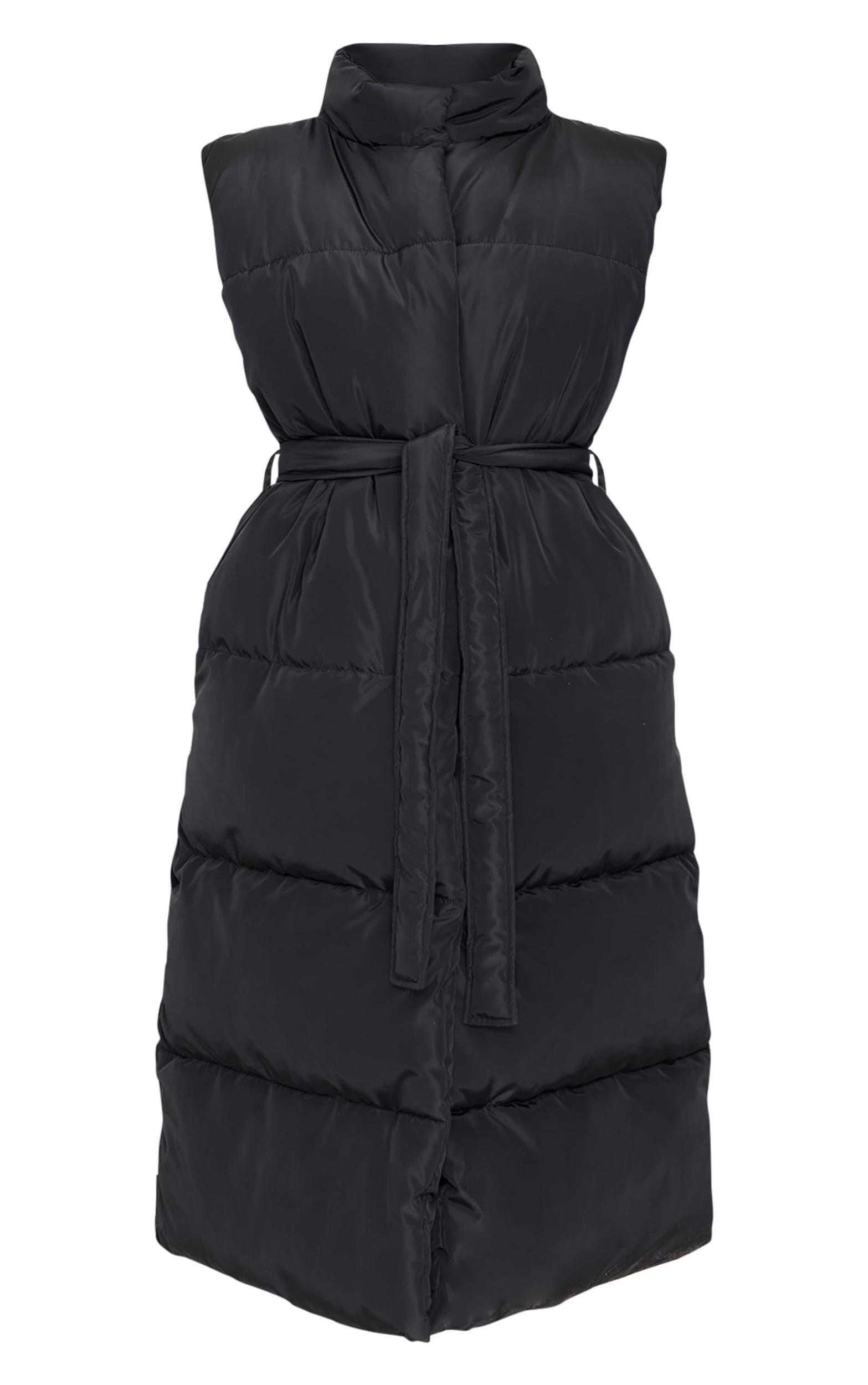 Black Quilted Longline Tie Waist Vest Product Image