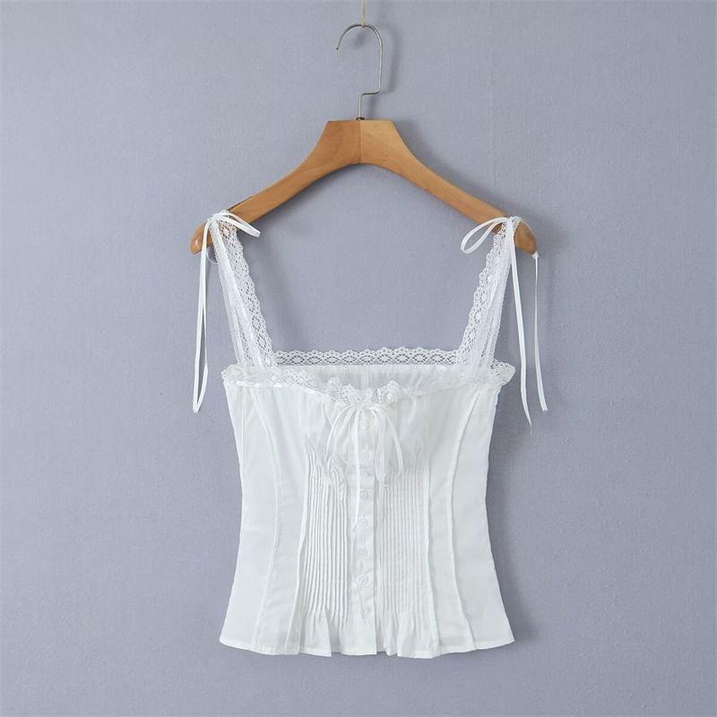 Bow Pintuck Button Lace Trim Camisole Top Product Image