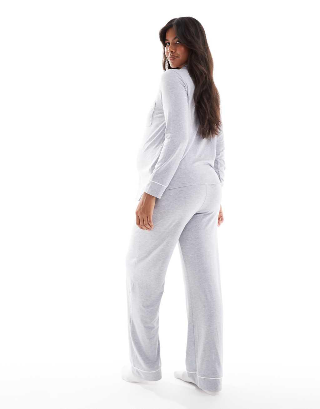 ASOS DESIGN Maternity super soft long sleeve shirt & pants pajama set with contrast piping in gray heather Product Image