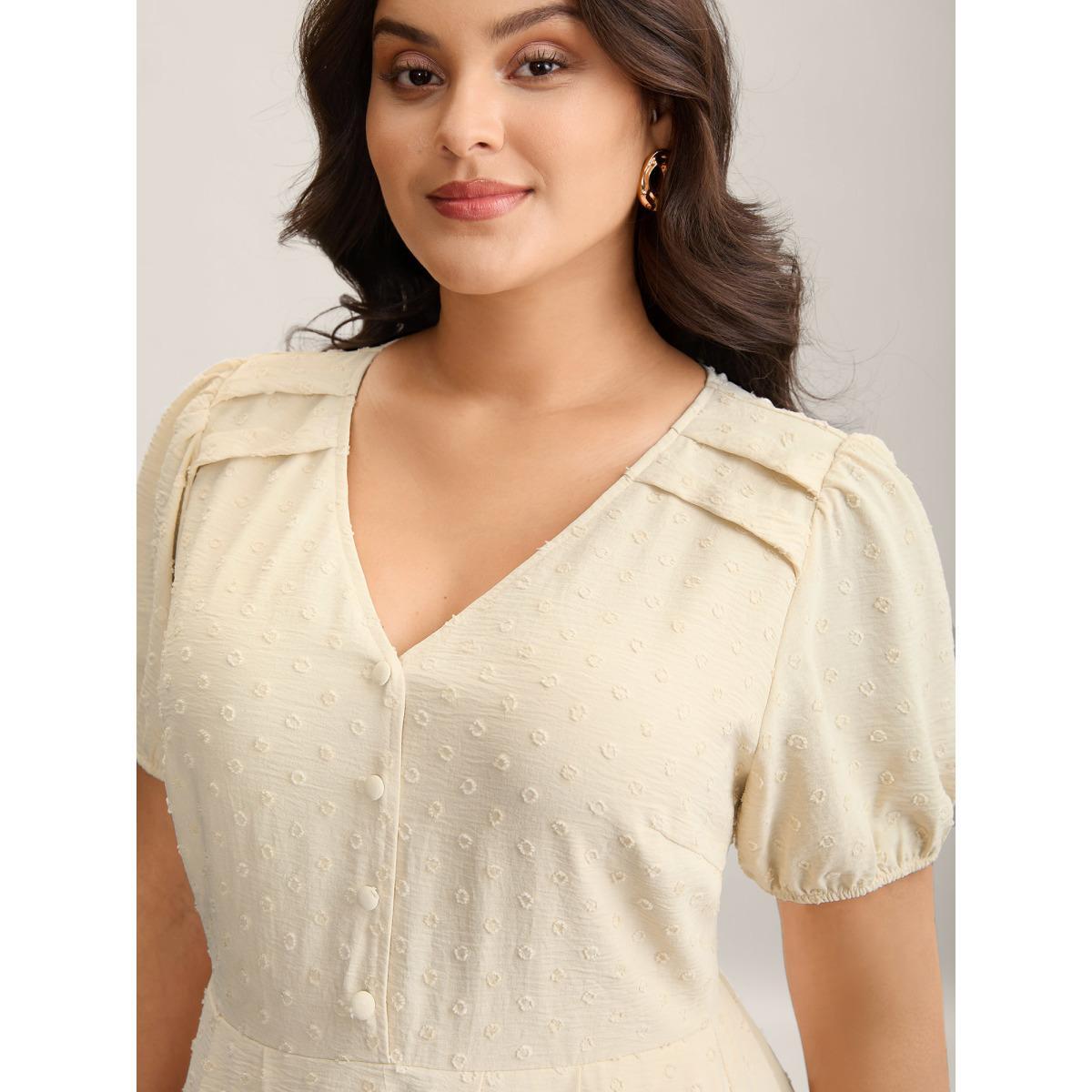 Plus Size Shoulder Pleats Textured Button Maxi Dress Apricot Women V-neck Short sleeve Curvy BloomChic 12/L Product Image