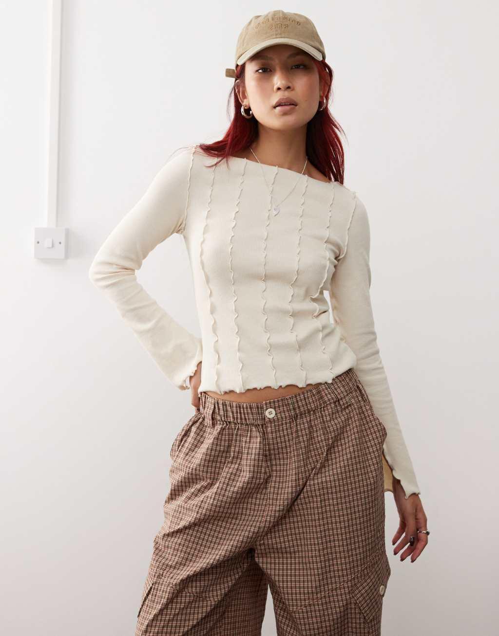 Monki overlock seam detail ribbed jersey top Product Image