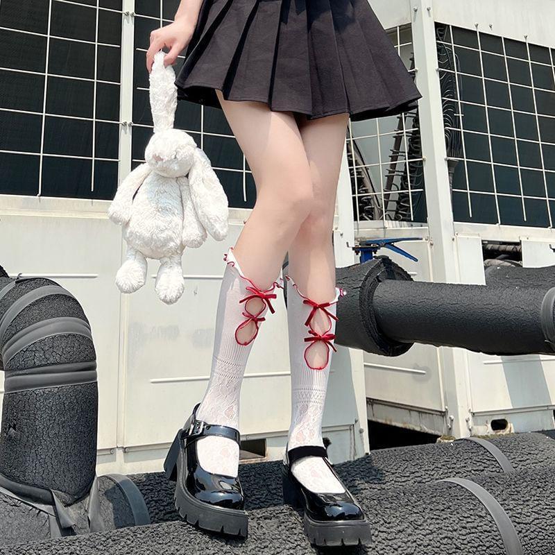 Bow Cutout Lace Mid-Calf Socks / Set Product Image