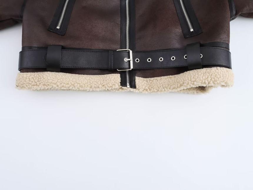 Collared Faux Shearling Zip Belted Jacket Product Image