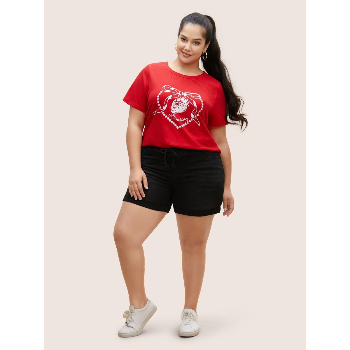 Plus Size Crew Neck Strawberry Print T-shirt Brightred Women Casual Contrast Fruit Round Neck Everyday T-shirts BloomChic 18-20/2X Product Image