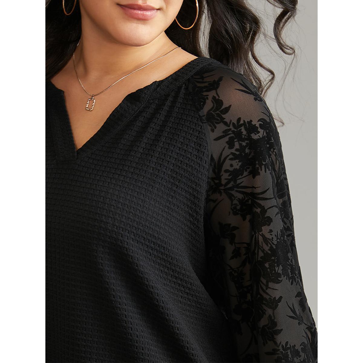 Plus Size Silhouette Floral Print Mesh Waffle Knit T-shirt Black Women Elegant Waffle Knit Silhouette Floral Print Notched collar Dailywear T-shirts BloomChic 12/L Product Image