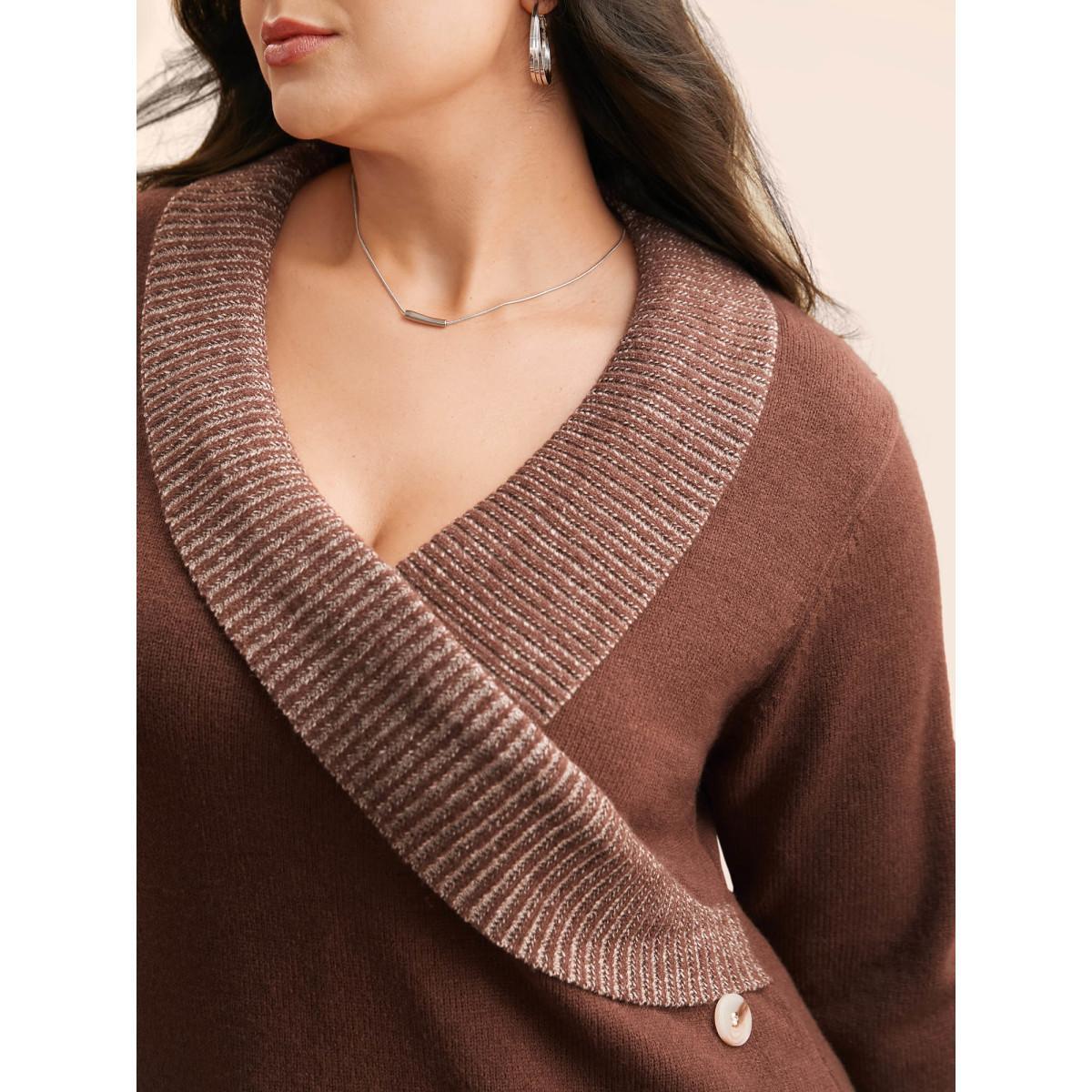 Plus Size Overlap Collar Contrast Button Detail Pullover Rust Women Casual Long Sleeve Overlap Collar Everyday Pullovers BloomChic 22-24/3X Product Image
