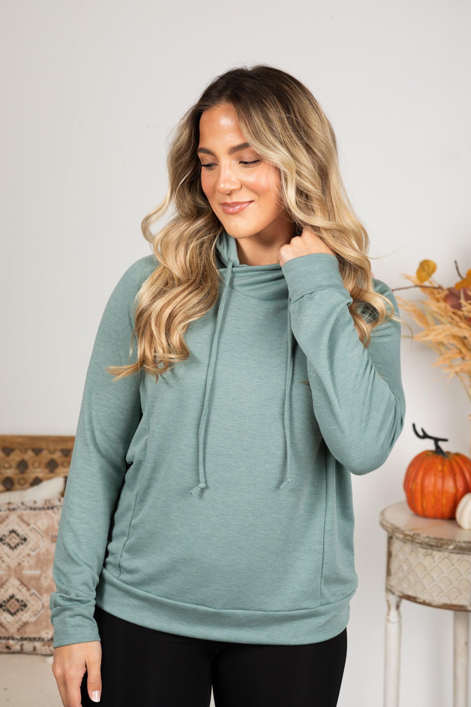 Drawstring Cowl Neck French Terry Knit Top Product Image