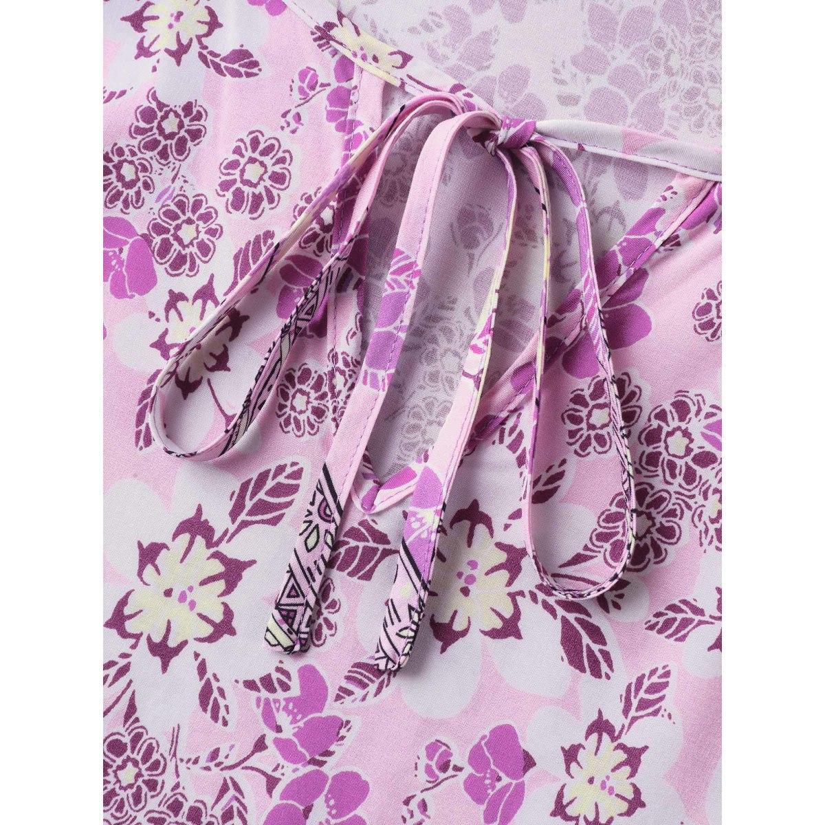Plus Size Lilac Floral Print Neck Tie Flowy Blouse Women Short sleeve Notched collar Vacation Blouses BloomChic 14-16/1X Product Image