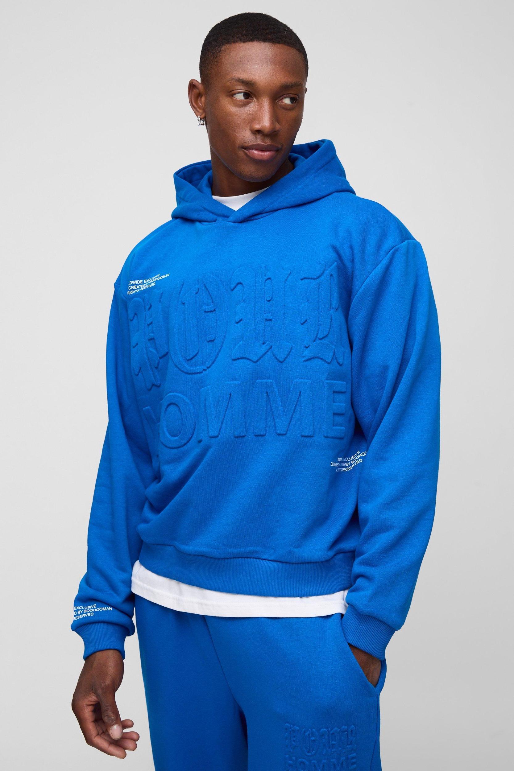 Oversized Boxy Homme Printed Embossed Hoodie | boohooMAN USA Product Image