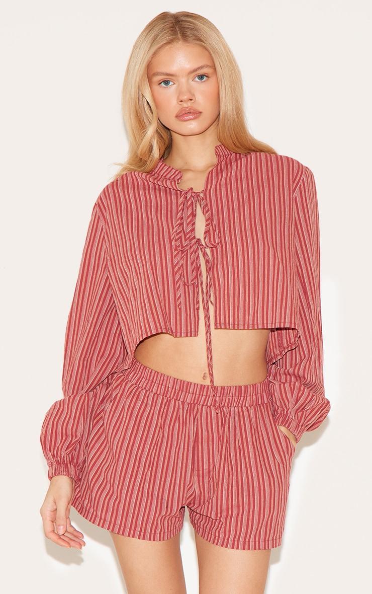  Red Striped Linen Look Floaty Shorts Product Image