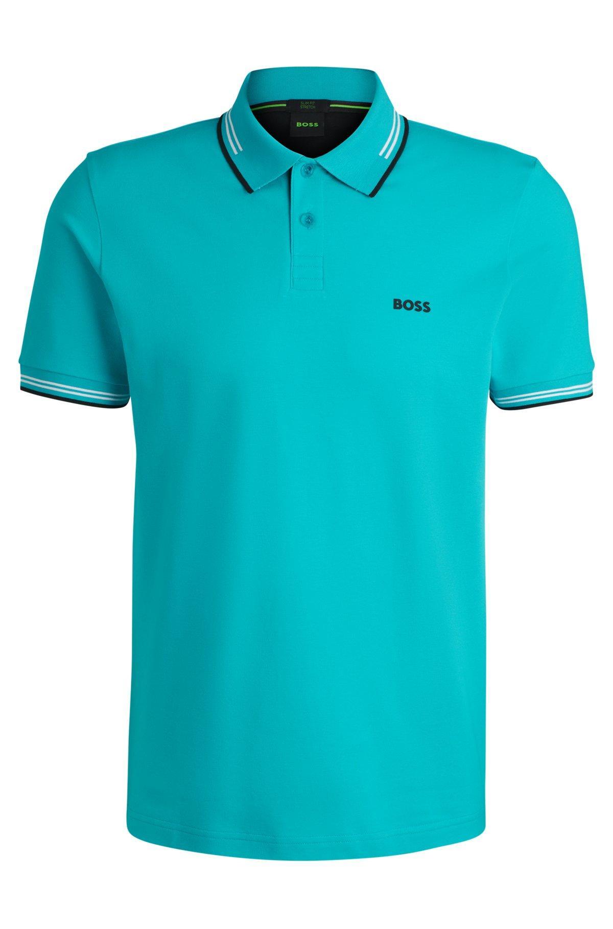 BOSS - Stretch-cotton slim-fit polo shirt with branding - Light Blue Product Image