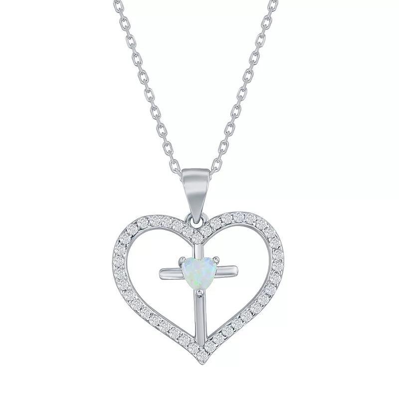 Sterling Silver Opal & Cubic Zirconia Cross Heart Pendant Necklace, Women's, Size: 18", White Product Image