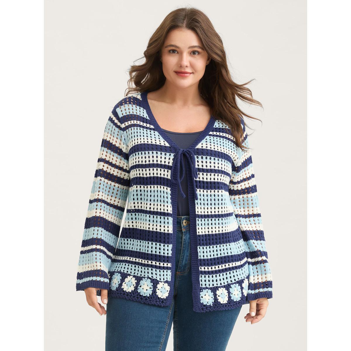 Plus Size Crochet Color Stripes Flared Sleeve Knit Cardigan Indigo Women Loose Long Sleeve Everyday-Casual Cardigans BloomChic 14-16/1X Product Image