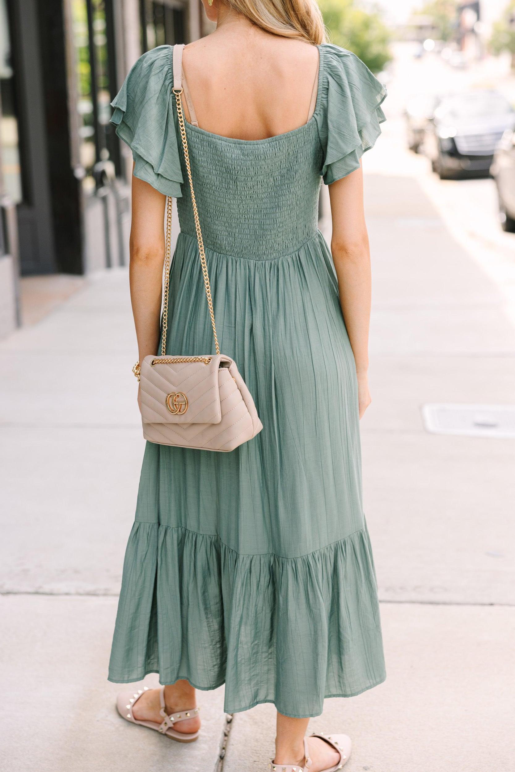 All Yours Deep Sage Green Ruffled Midi Dress Female Product Image