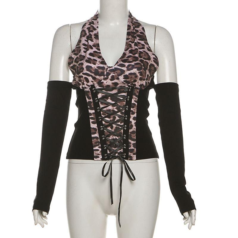 Halter V-Neck Leopard Print Color-Block Lace-Up Tank Top / Faux Fur Shawl Product Image