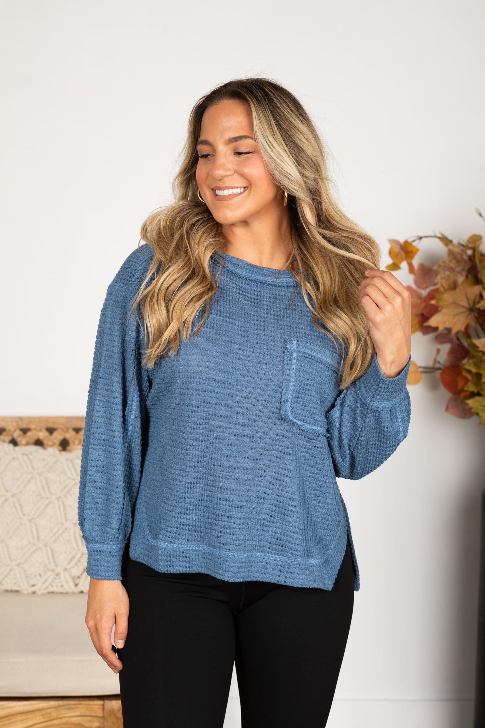 High-Low Exposed Seam Waffle Knit Top Product Image