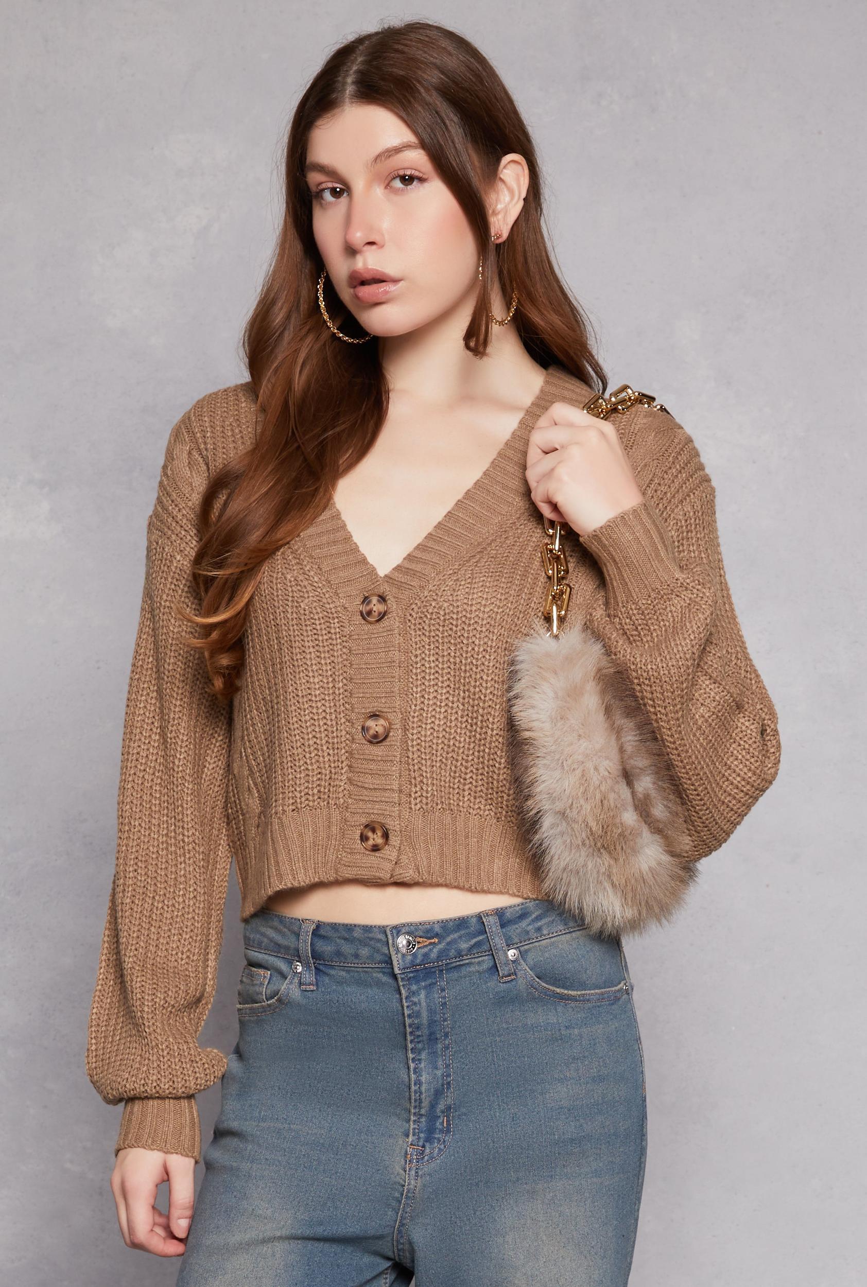 Womens Cable Knit V Neck Cropped Cardigan Product Image