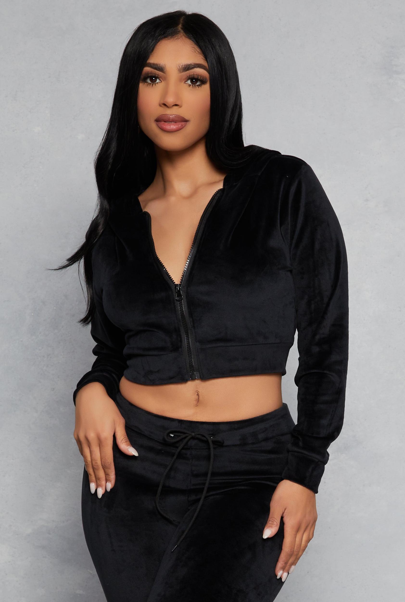 Womens Velour Zip Up Hooded Crop Top Product Image