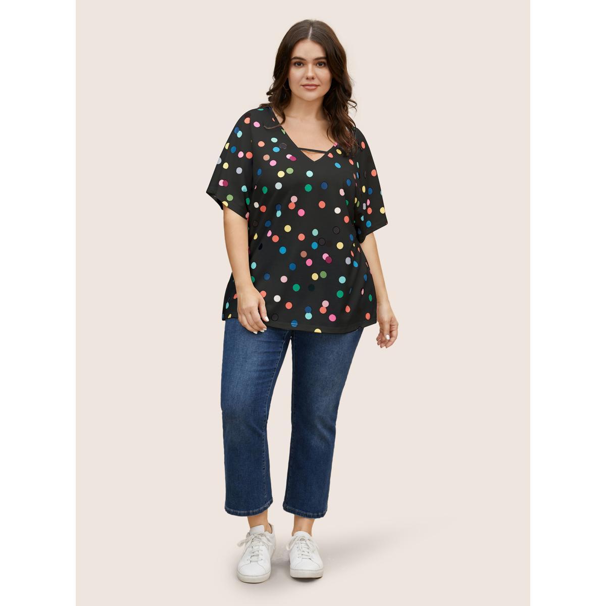 Plus Size Contrast Polka Dot Keyhole Dolman Sleeve T-shirt Black Women Casual Contrast Art&design V-neck Everyday T-shirts BloomChic 28/5X Product Image
