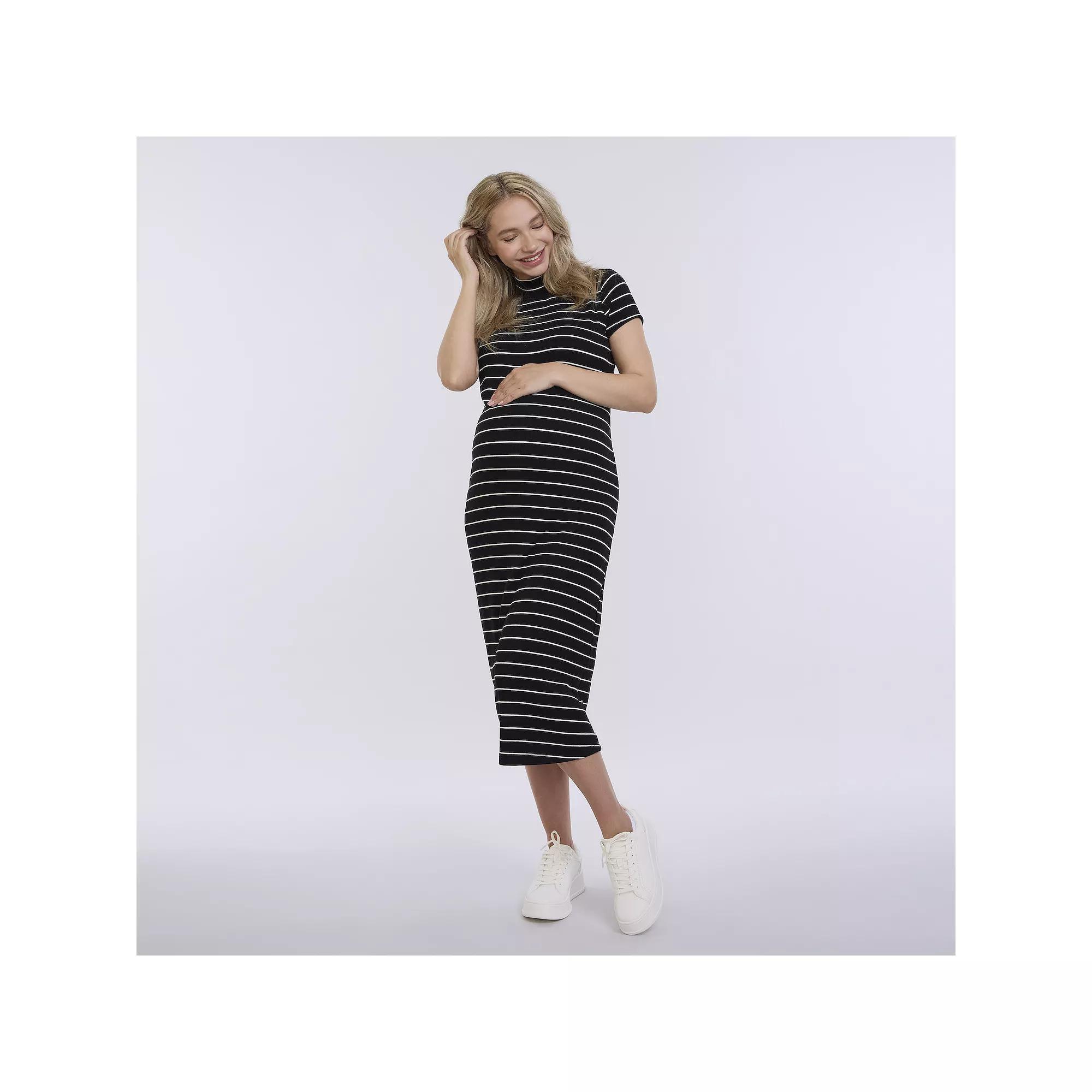 Maternity Motherhood Mock Neck Midi Dress, Women's, Size: Large-Mat, Black Stripe Product Image