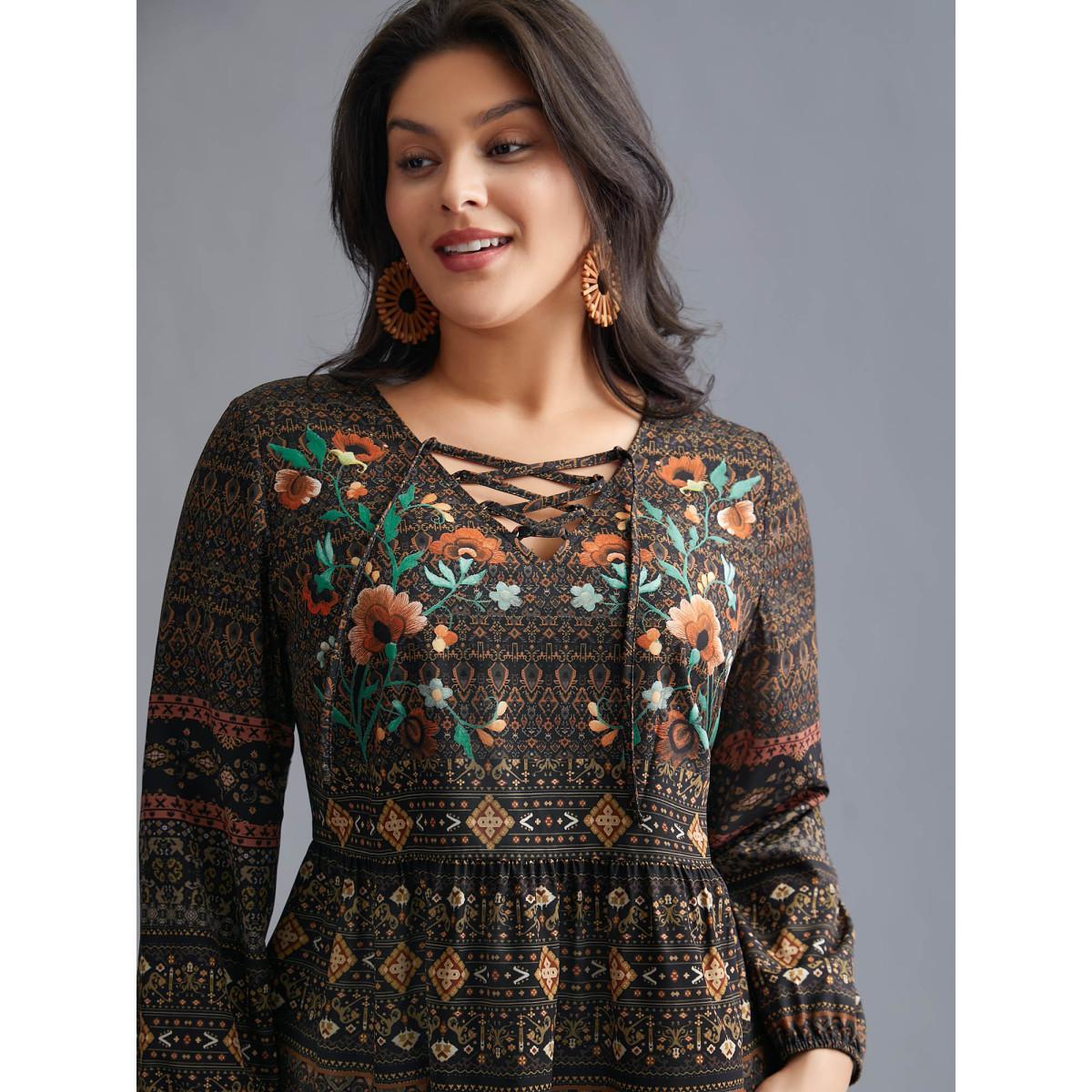 Plus Size DarkBrown Floral Bandana Crisscross Blouse Women Resort Extra Long Sleeve V-neck Vacation Blouses BloomChic 12/L Product Image