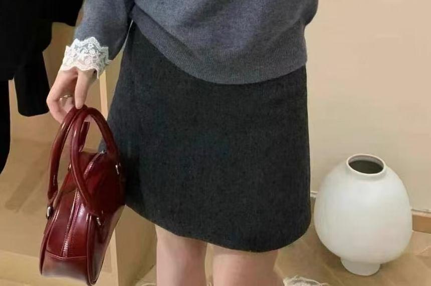 Long-Sleeve Henley Hooded Lace Trim Knit Top Product Image