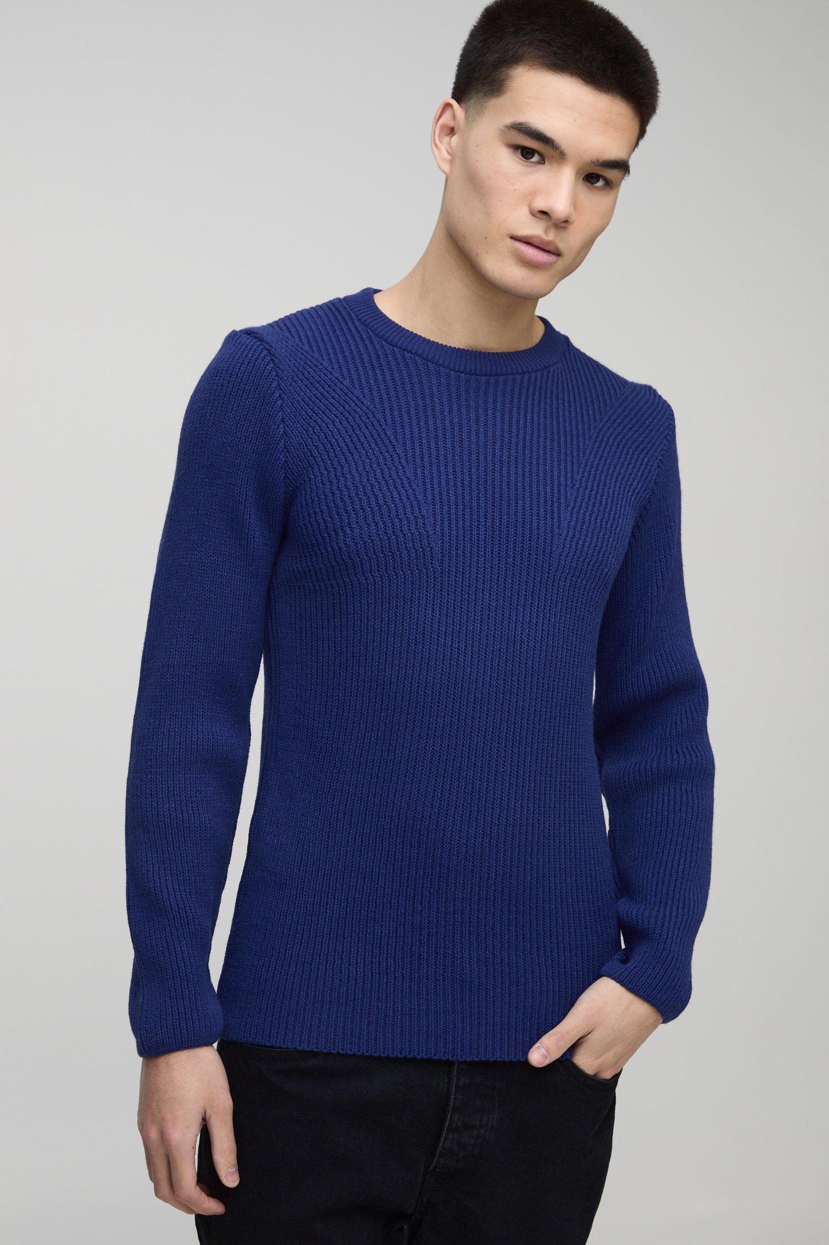 Regular Fit Crew Neck Ribbed Panelled Knitted Sweater | boohooMAN USA Product Image